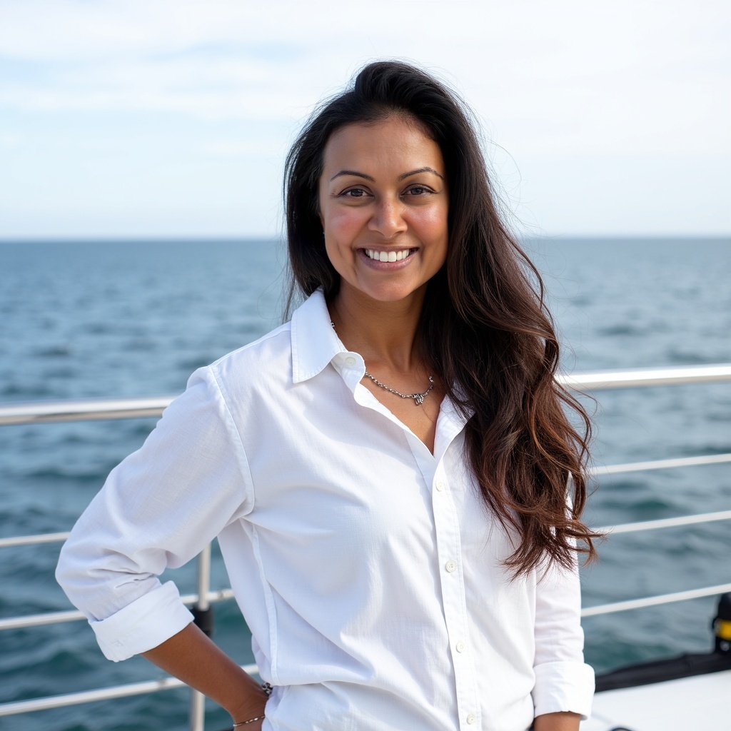 Seema, founder of Joya Journeys, photographed by the sea